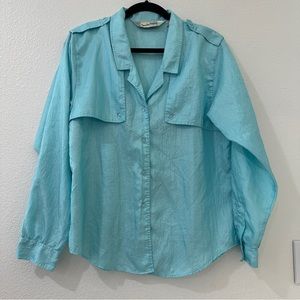 Diane Von Furstenburg Large 1980’s Vintage Turquoise Blouse Roll Tab Sle…
